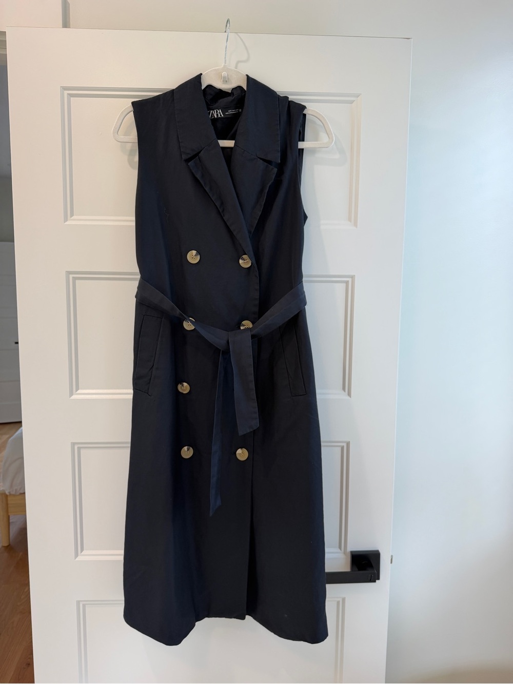 Zara Navy Sleeveless Double-Breasted Midi Trench Dress with Belt